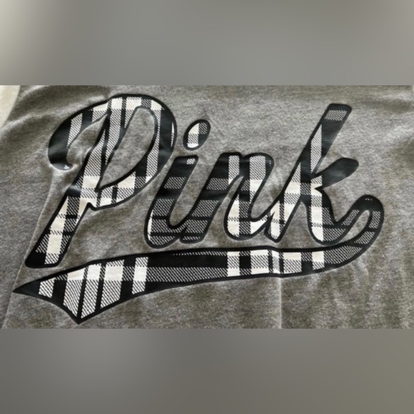 VS PINK Ringer Tee Gray With Black And White Plaid Logo Small - Picture 3 of 7